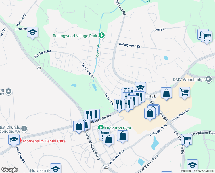 map of restaurants, bars, coffee shops, grocery stores, and more near 3414 Chelsea Drive in Woodbridge