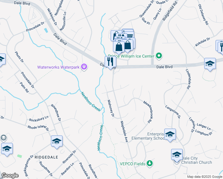 map of restaurants, bars, coffee shops, grocery stores, and more near 5350 Macwood Drive in Woodbridge