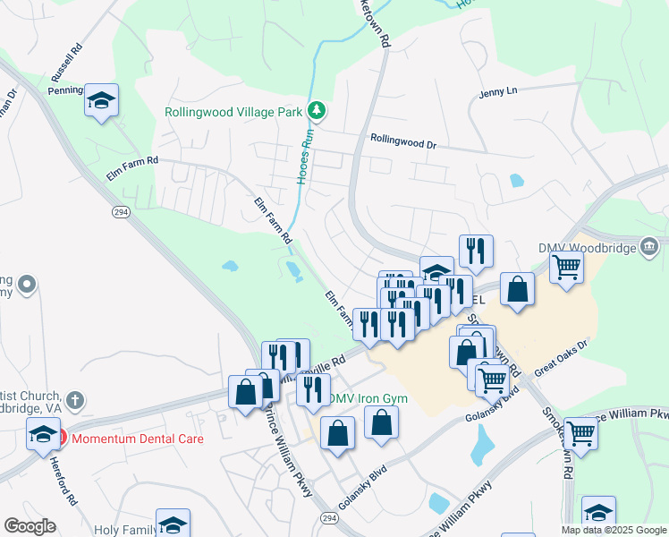 map of restaurants, bars, coffee shops, grocery stores, and more near 3414 Chelsea Drive in Woodbridge