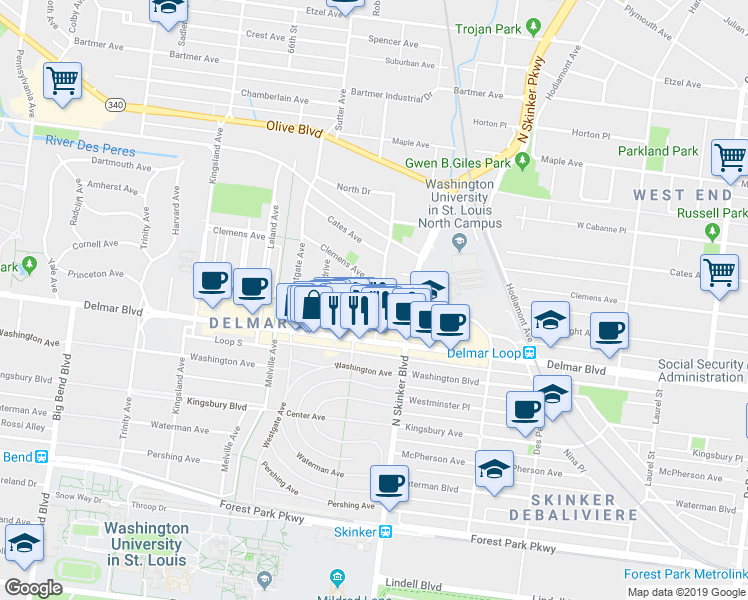 map of restaurants, bars, coffee shops, grocery stores, and more near 711 Eastgate Avenue in St. Louis
