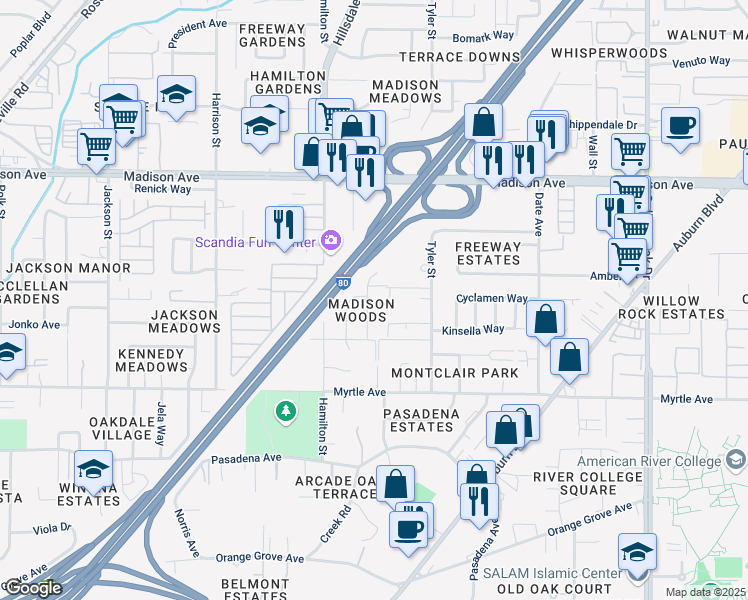 map of restaurants, bars, coffee shops, grocery stores, and more near 4413 Mieko Way in Sacramento