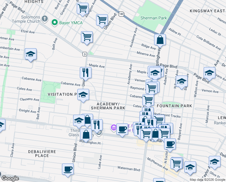 map of restaurants, bars, coffee shops, grocery stores, and more near 5156 Cabanne Avenue in St. Louis