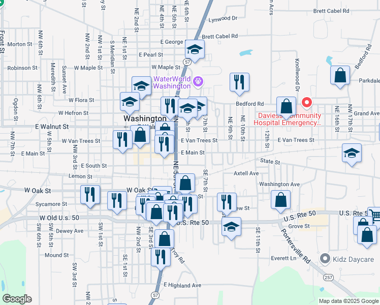 map of restaurants, bars, coffee shops, grocery stores, and more near 612 East Main Street in Washington