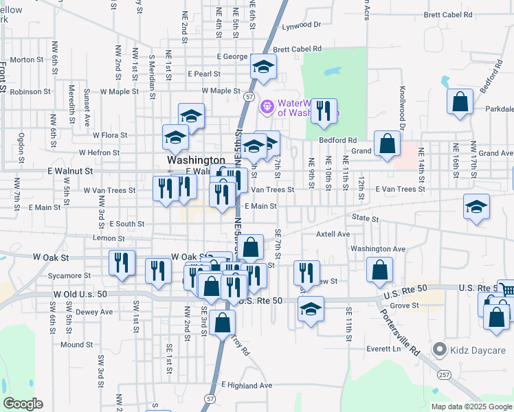 map of restaurants, bars, coffee shops, grocery stores, and more near 612 East Main Street in Washington