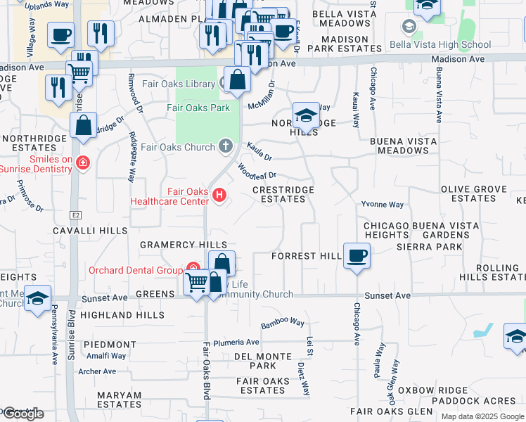 map of restaurants, bars, coffee shops, grocery stores, and more near 5046 Cocoa Palm Way in Fair Oaks