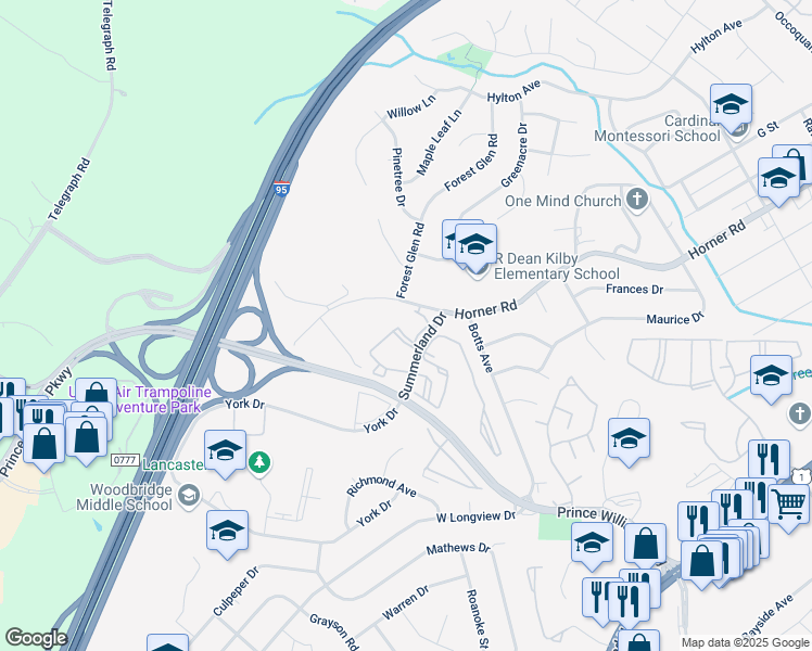 map of restaurants, bars, coffee shops, grocery stores, and more near 1030 Gardenview Loop in Woodbridge