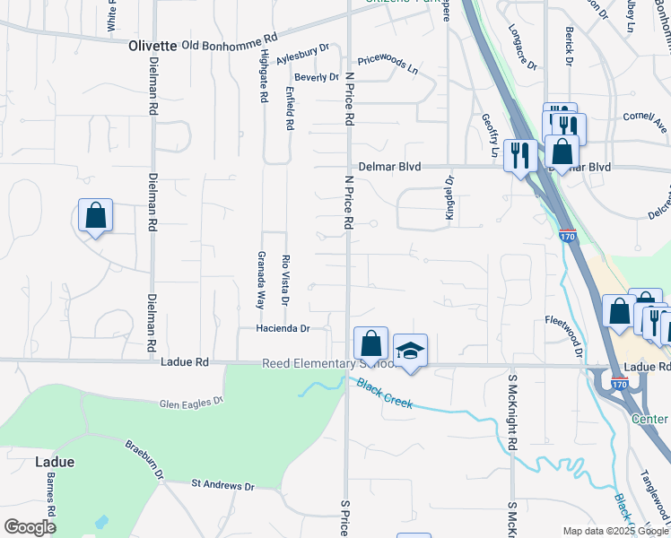 map of restaurants, bars, coffee shops, grocery stores, and more near 3 Buckhammon Place in St. Louis