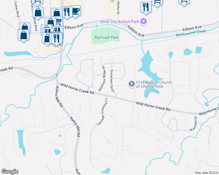 map of restaurants, bars, coffee shops, grocery stores, and more near 1283 Somerset Field Drive in Chesterfield