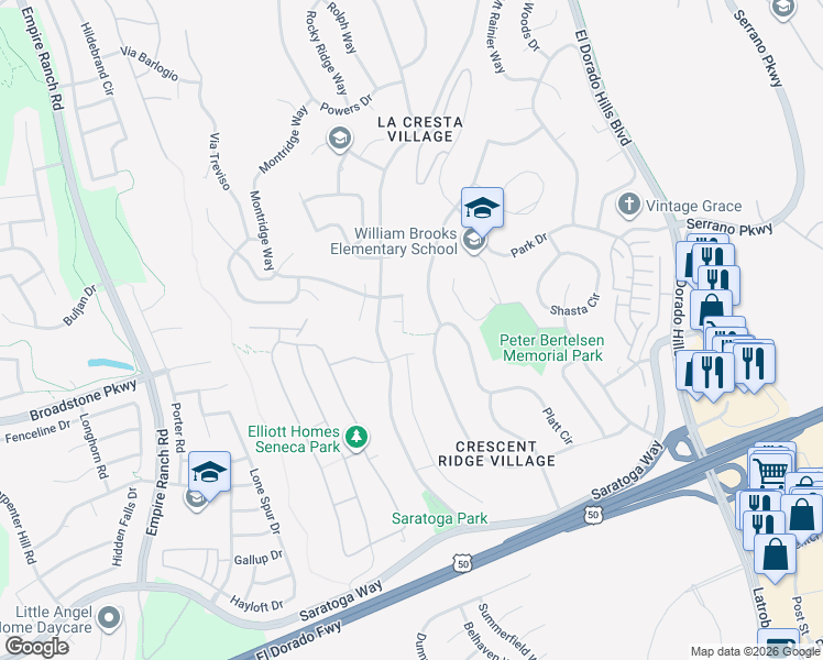 map of restaurants, bars, coffee shops, grocery stores, and more near 511 Platt Circle in El Dorado Hills