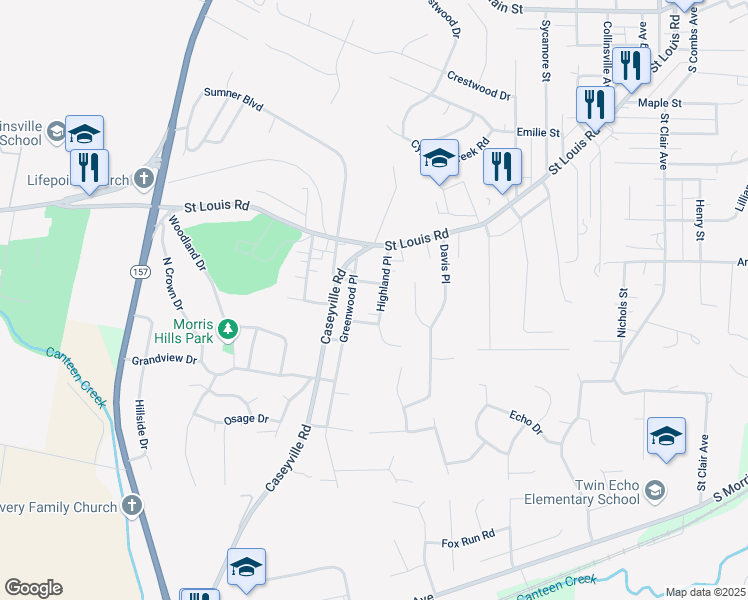map of restaurants, bars, coffee shops, grocery stores, and more near 414 Greenwood Place in Collinsville