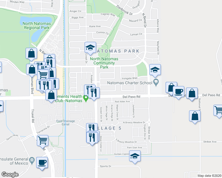 map of restaurants, bars, coffee shops, grocery stores, and more near 1837 Ivycrest Way in Sacramento