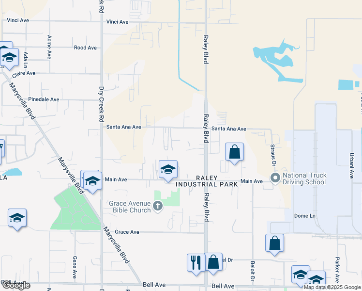 map of restaurants, bars, coffee shops, grocery stores, and more near 1552 Santa Ana Avenue in Sacramento