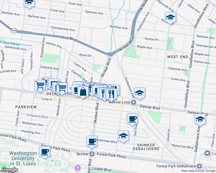 map of restaurants, bars, coffee shops, grocery stores, and more near 700 Rosedale Avenue in St. Louis