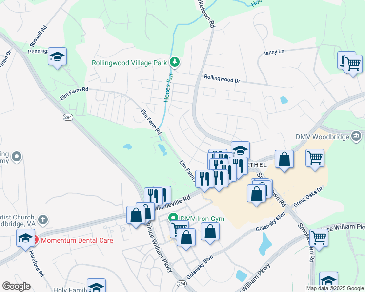 map of restaurants, bars, coffee shops, grocery stores, and more near 3418 Chelsea Drive in Woodbridge