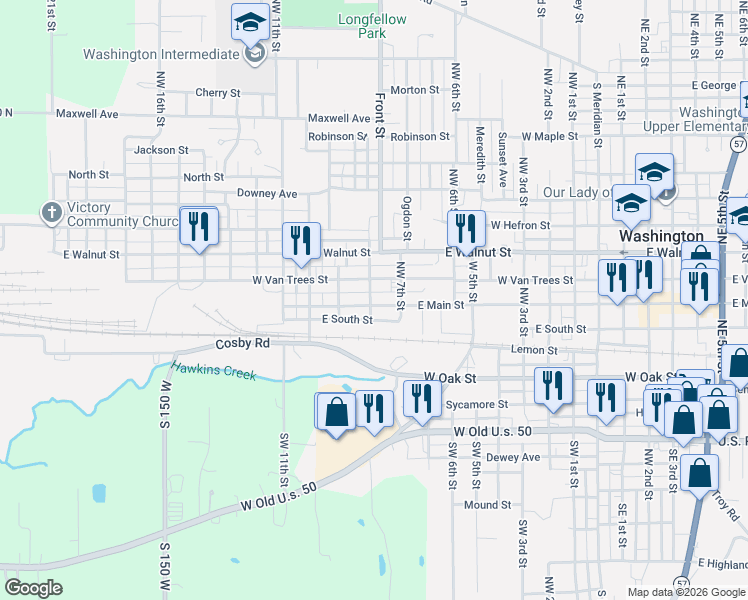 map of restaurants, bars, coffee shops, grocery stores, and more near 701-799 West South Street in Washington