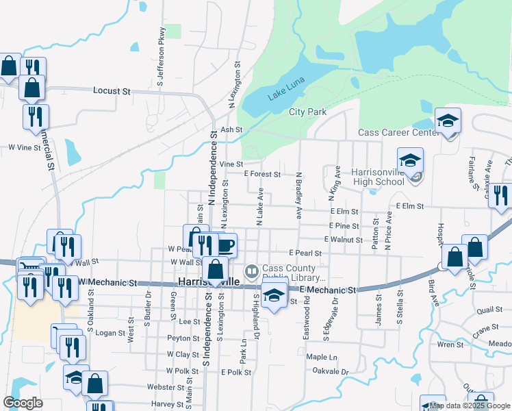 map of restaurants, bars, coffee shops, grocery stores, and more near East Shady Lane in Harrisonville