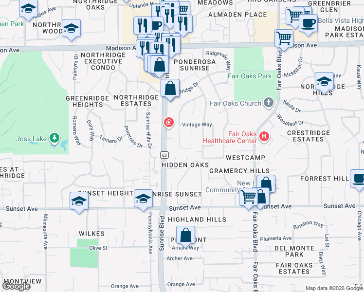 map of restaurants, bars, coffee shops, grocery stores, and more near 5000 Ridgevine Way in Fair Oaks