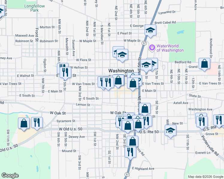 map of restaurants, bars, coffee shops, grocery stores, and more near 101 East Main Street in Washington