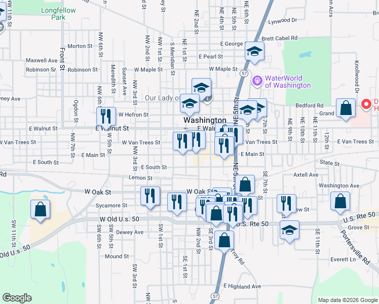 map of restaurants, bars, coffee shops, grocery stores, and more near 101 East Main Street in Washington