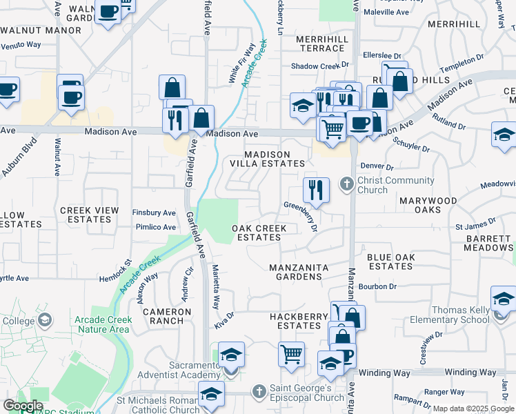 map of restaurants, bars, coffee shops, grocery stores, and more near 5633 Omni Drive in Sacramento