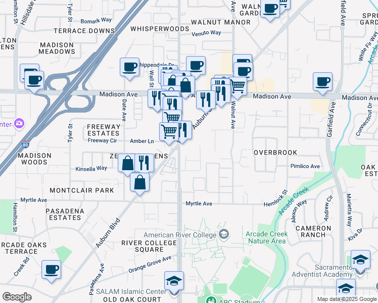 map of restaurants, bars, coffee shops, grocery stores, and more near 4913 Travertine Circle in Sacramento