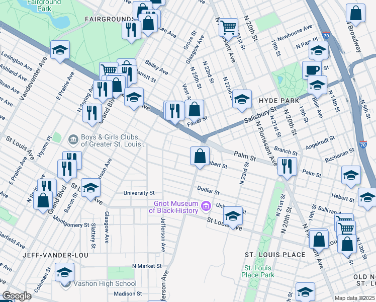 map of restaurants, bars, coffee shops, grocery stores, and more near 3112 Lismore Street in St. Louis