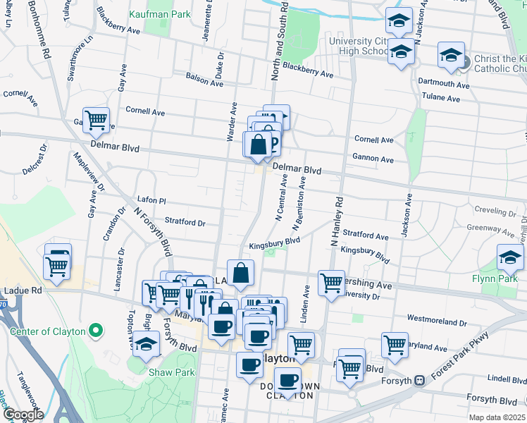 map of restaurants, bars, coffee shops, grocery stores, and more near 325 North Central Avenue in Clayton