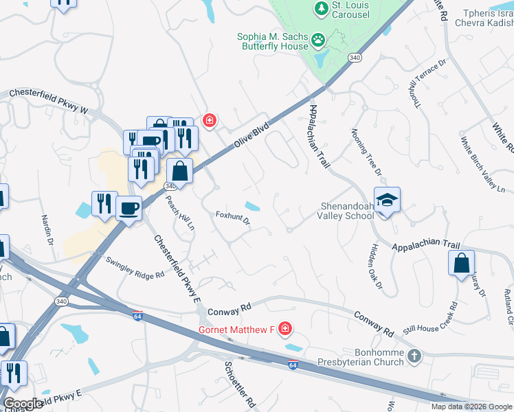 map of restaurants, bars, coffee shops, grocery stores, and more near 1104 Brisbane Drive in Chesterfield