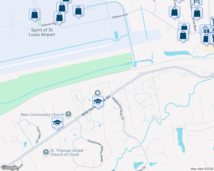 map of restaurants, bars, coffee shops, grocery stores, and more near 17627 Wild Horse Creek Road in Chesterfield