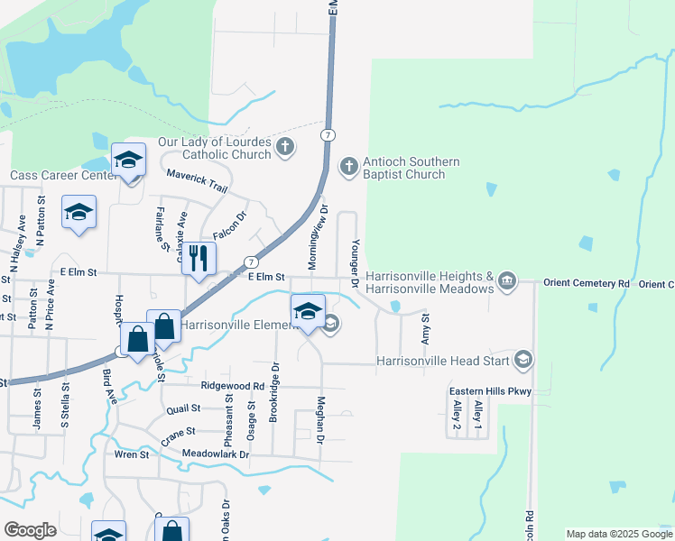 map of restaurants, bars, coffee shops, grocery stores, and more near 2511 East Elm Street in Harrisonville