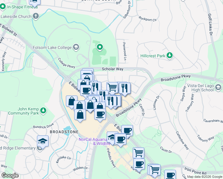 map of restaurants, bars, coffee shops, grocery stores, and more near 1571 Latherton Way in Folsom