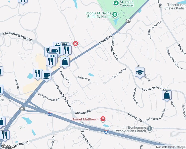 map of restaurants, bars, coffee shops, grocery stores, and more near 1104 Brisbane Drive in Chesterfield