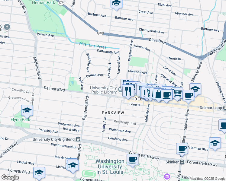 map of restaurants, bars, coffee shops, grocery stores, and more near 6801 Delmar Boulevard in University City