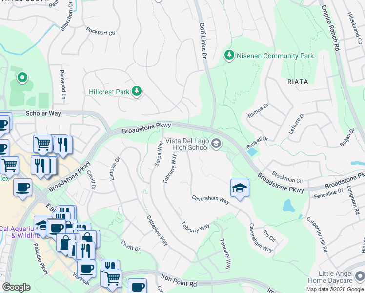 map of restaurants, bars, coffee shops, grocery stores, and more near 464 Tobrurry Way in Folsom