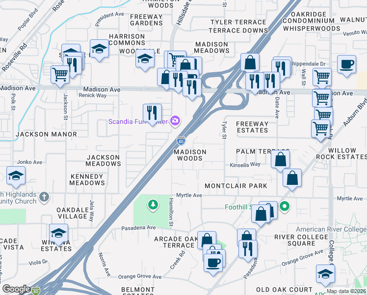 map of restaurants, bars, coffee shops, grocery stores, and more near 4967 Curve Wood Way in Sacramento