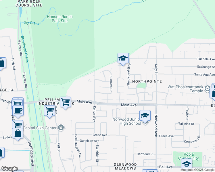 map of restaurants, bars, coffee shops, grocery stores, and more near 243 Sumatra Drive in Sacramento