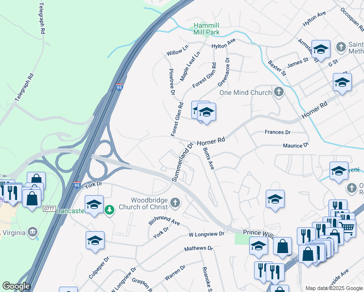 map of restaurants, bars, coffee shops, grocery stores, and more near 13615 Garfield Place in Woodbridge