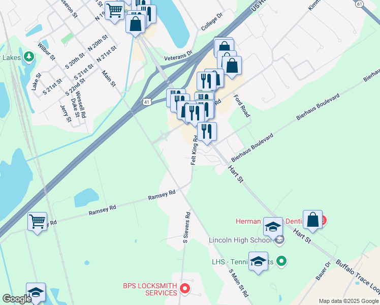 map of restaurants, bars, coffee shops, grocery stores, and more near 413 Felt King Road in Vincennes