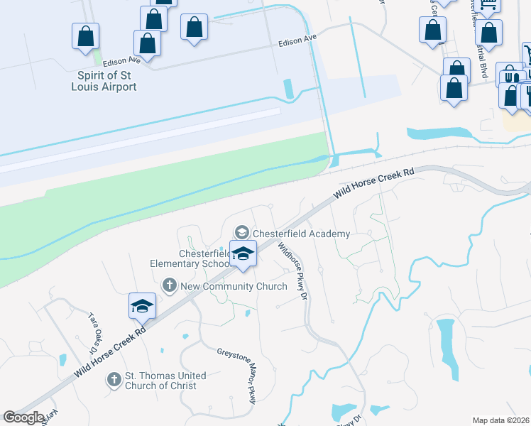 map of restaurants, bars, coffee shops, grocery stores, and more near 17627 Wild Horse Creek Road in Chesterfield