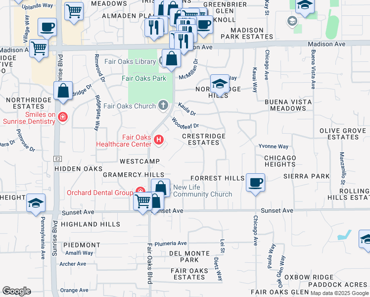 map of restaurants, bars, coffee shops, grocery stores, and more near 8101 Rockfield Court in Fair Oaks