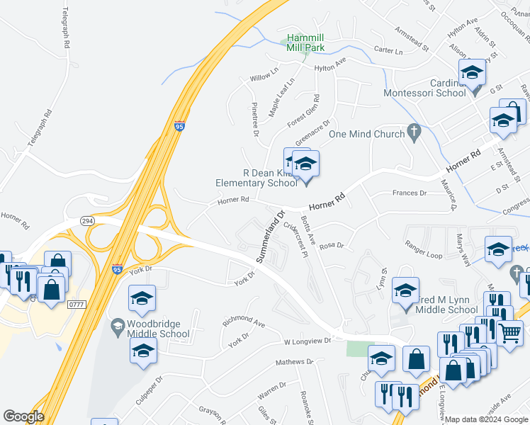 map of restaurants, bars, coffee shops, grocery stores, and more near 13621 Garfield Place in Woodbridge