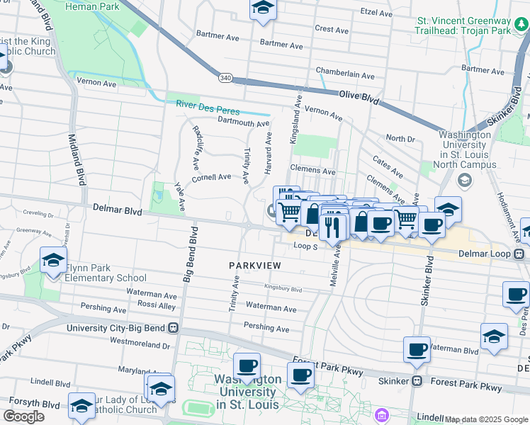 map of restaurants, bars, coffee shops, grocery stores, and more near 6801 Delmar Boulevard in University City