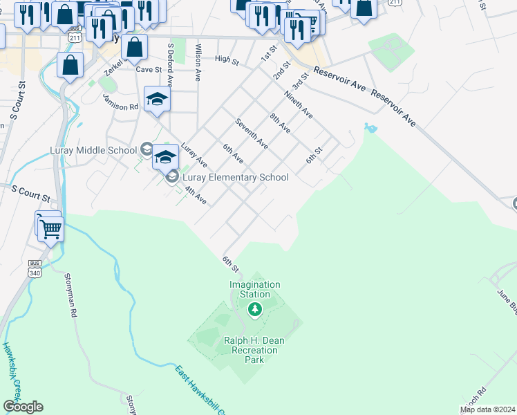 map of restaurants, bars, coffee shops, grocery stores, and more near 523 Luray Avenue in Luray