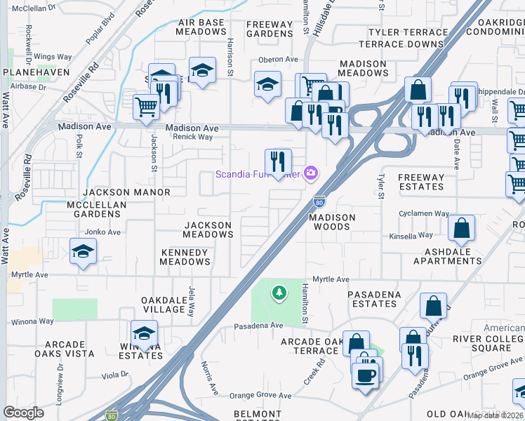 map of restaurants, bars, coffee shops, grocery stores, and more near 5033 Williamsburg Lane in North Highlands