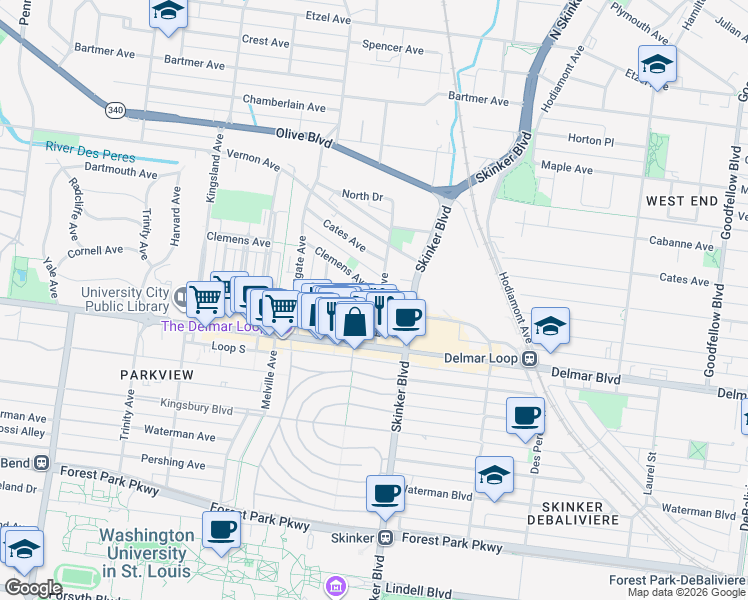 map of restaurants, bars, coffee shops, grocery stores, and more near 721 Eastgate Avenue in St. Louis
