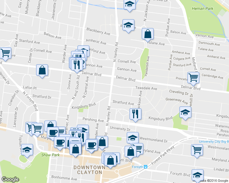 map of restaurants, bars, coffee shops, grocery stores, and more near 7481 Washington Avenue in University City