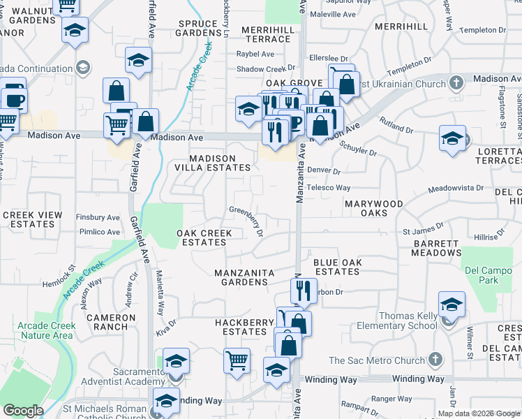 map of restaurants, bars, coffee shops, grocery stores, and more near 5107 Greenberry Drive in Sacramento