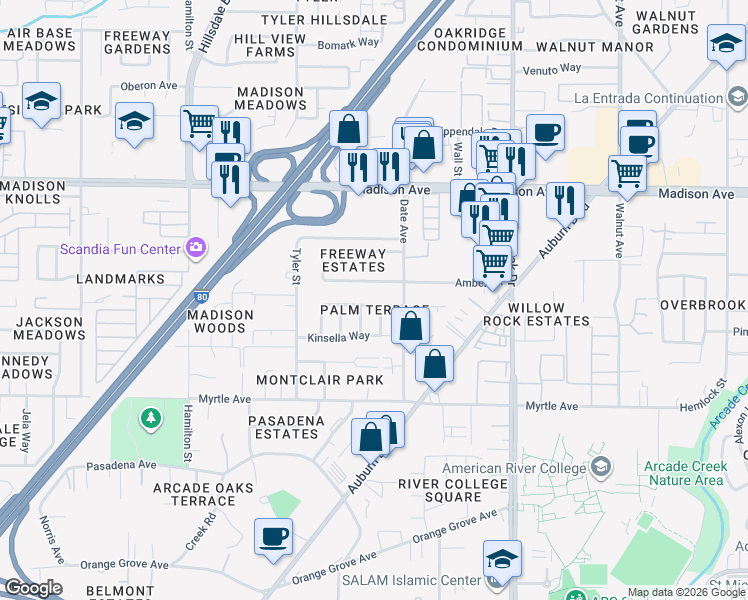 map of restaurants, bars, coffee shops, grocery stores, and more near 4912 Orchid Way in Sacramento