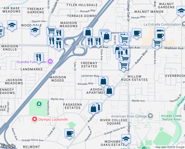 map of restaurants, bars, coffee shops, grocery stores, and more near 4914 Lavelle Way in Sacramento