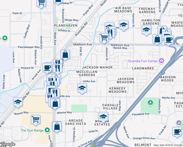 map of restaurants, bars, coffee shops, grocery stores, and more near 3717 Jonko Avenue in North Highlands